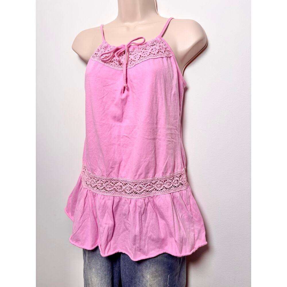 Bubblegum Pink Y2K Drop Waist Babydoll Top Crochet Panels Beach Coverup